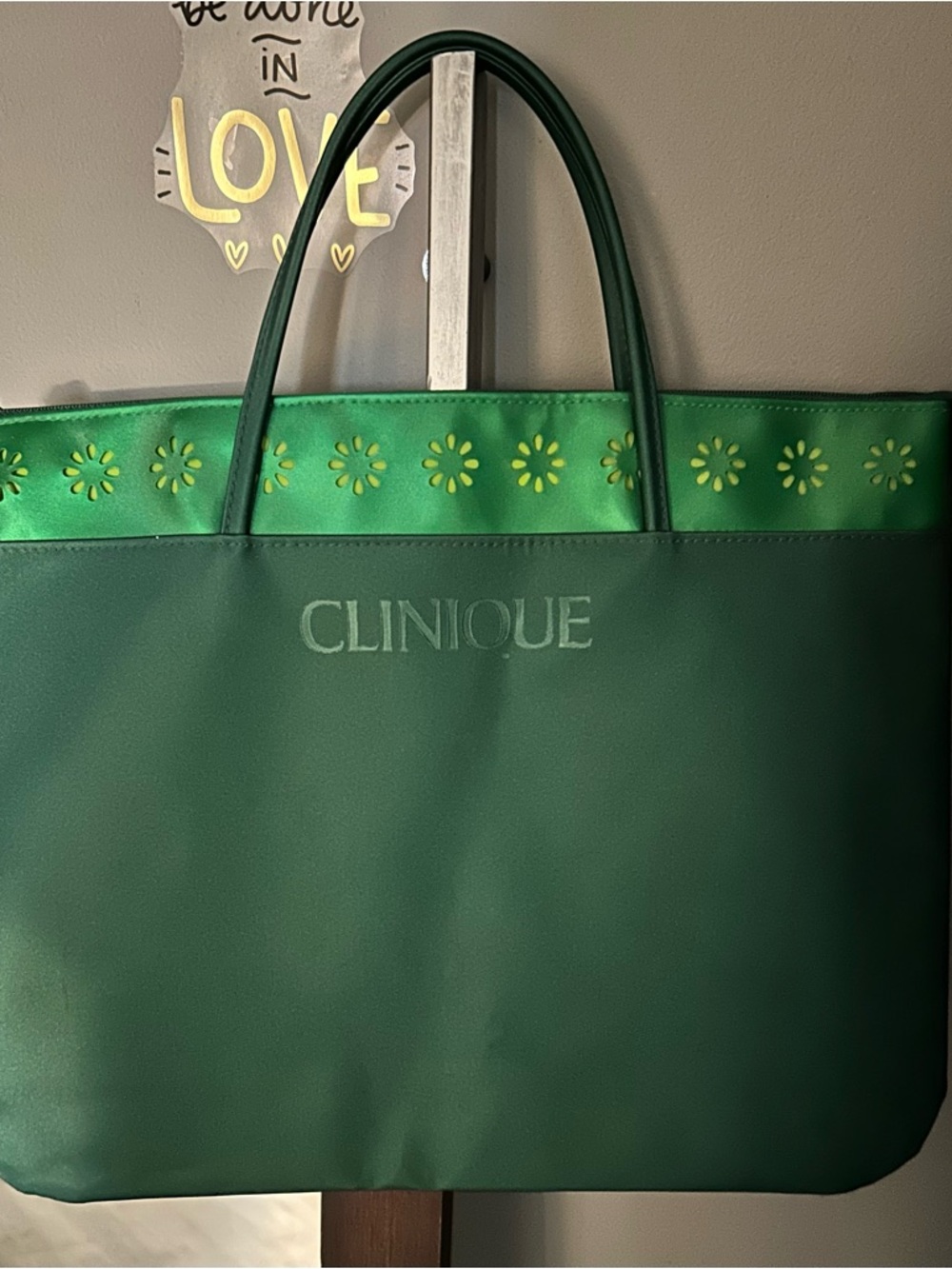 Clinique Dark Green Tote with Bright Floral-Trim